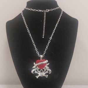 Silver Tone Skull Red Heart Pendant Necklace Fashion Costume Jewelry 25"